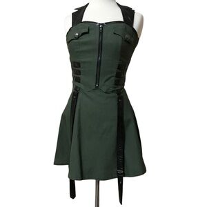 Killstar Carpe Noctem Army Green Tight Halter Mini Dress Flare Skirt Punk Rock